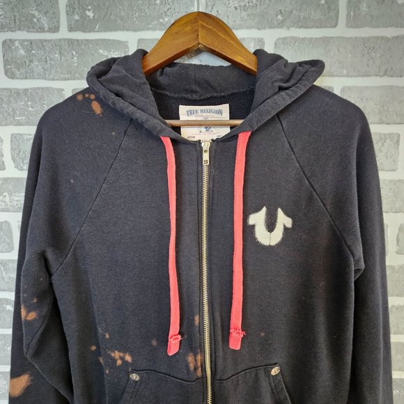 True Religion Jacket Women's Large Black Red Bleach Splatter Distressed Logo - Picture 5 of 15